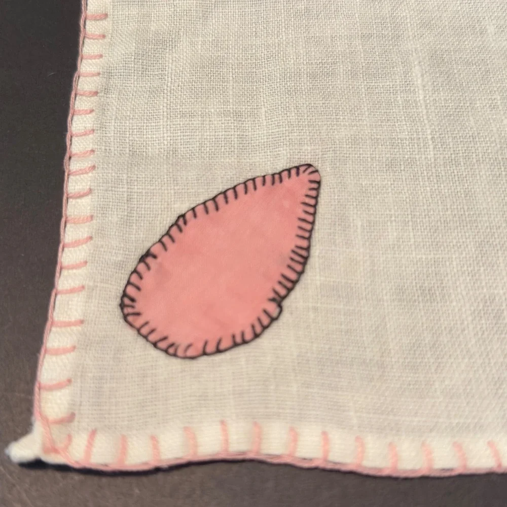 Vintage Tablecloth 30x30 & Napkin Set White Pastel Applique Floral Linen 5pc Set